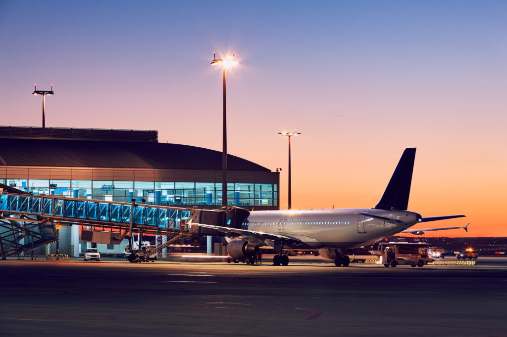 Airport at the colorful sunset